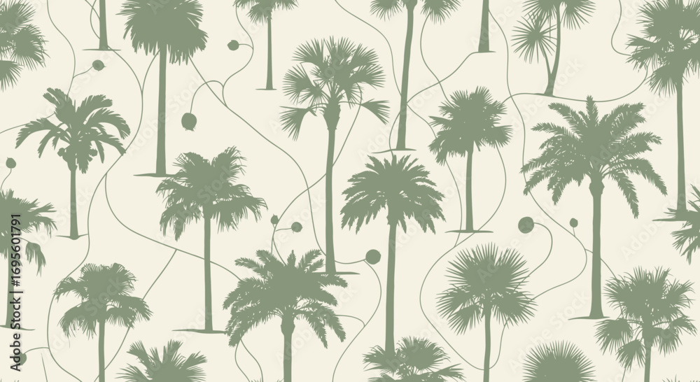 Fototapeta premium Seamless pattern with tropical palm trees, evokes a sense of calm and relaxation with a minimalist