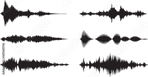 Sound Waveform Vector Set Audio Signal Visualization Black Silhouette on Transparent Background
