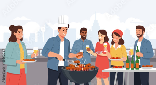 Rooftop barbecue party with diverse friends enjoying food and drinks with city view offering a