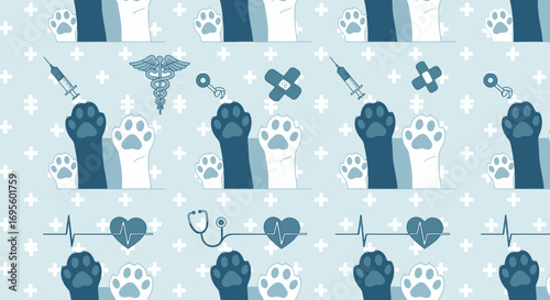 Seamless pattern featuring veterinary symbols and cat paws in light blue hues a playful backdrop