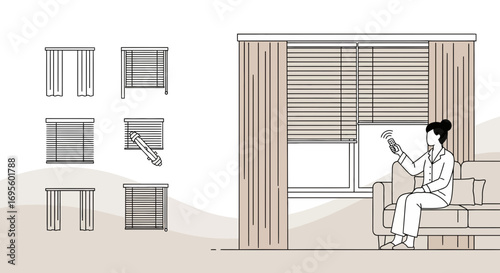 Smart home automation showcases woman controlling window blinds with remote on couch