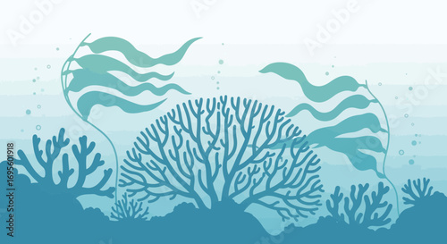 Underwater marine life illustration featuring corals kelp and a serene blue gradient background