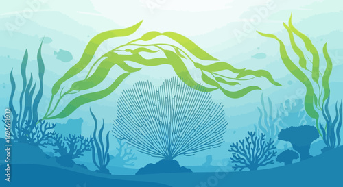 Underwater world scenery featuring sea plants and coral reef, vector graphic depicting ocean life