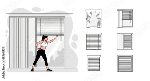 Vector illustration showing various types of window blinds and a woman adjusting blinds near a