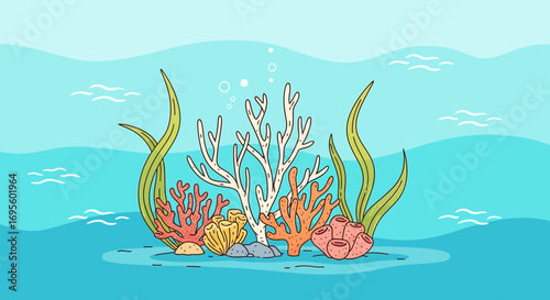 Vibrant underwater coral reef illustration showcasing marine biodiversity and peaceful ocean