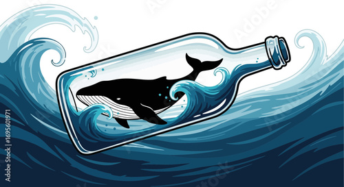 Whale Encased in a Glass Bottle Navigating Ocean Waves Illustration Artistic Concept
