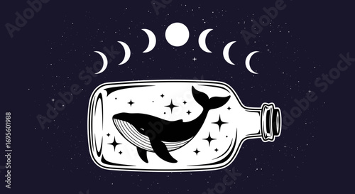 Whale in a bottle with phases of the moon graphic illustration art design