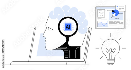 Human profile with AI processor inside, laptop, analytics chart, and a glowing light bulb. Ideal for technology, creativity, data analysis, ideas, innovation AI solutions simple landing page