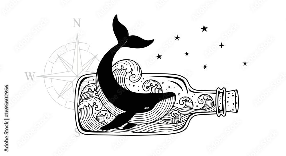 Fototapeta premium Captivating monochrome vector art: A whale nestled in a bottle amidst ocean waves
