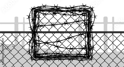 A stark monochrome portrayal of confinement symbolism with barbed wire and fencing conveying