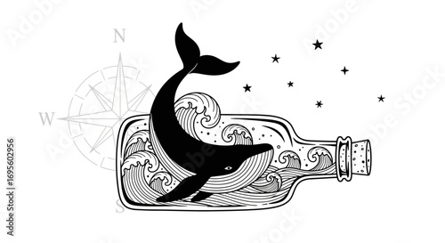 Captivating monochrome vector art: A whale nestled in a bottle amidst ocean waves