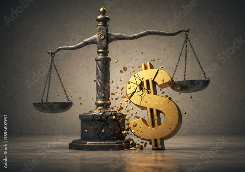 Shattered dollar sign on balance scale