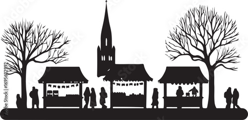 Black silhouette of a European village scene with a church and market stalls under bare trees vector
