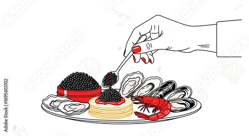 Delicious and exquisite seafood platter with caviar and oysters, ready to savor, highlighting luxury