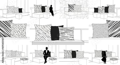 Black and white minimalist interior design concept with sofas cushions and silhouette figures