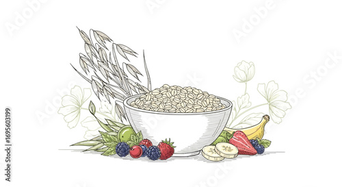 Hand-drawn illustration of a bowl of oatmeal with fruits and grains for healthy eating concept
