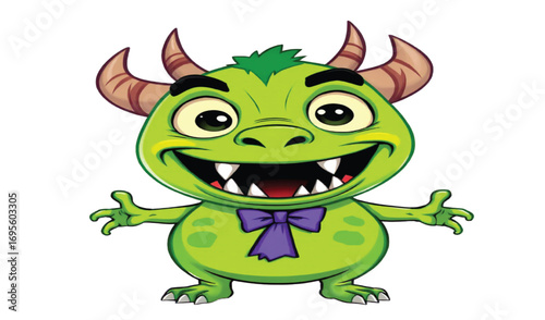 A funny green monster character with big teeth is illustrated as a cute cartoon beast