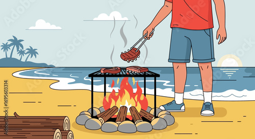 Illustration of a person grilling meat on a beach with a bonfire and ocean view scene
