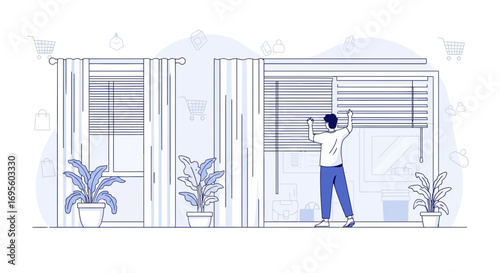 Illustration showcasing a person adjusting window blinds in a stylized room setting