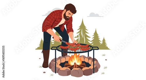 Man enjoying outdoor cooking by grilling sausages over a campfire in a scenic nature setting