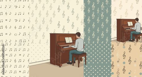 Illustration of a musician playing the piano in a music-themed room showing creativity