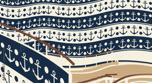 Nautical themed background illustration featuring anchors and cruise ship architecture, evoking