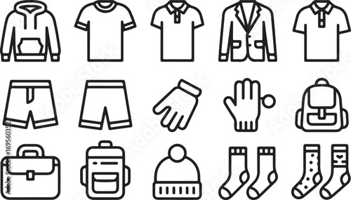 Clothing and Accessories Icons Set Hoodie T-Shirt Shorts Gloves Backpack Briefcase Socks