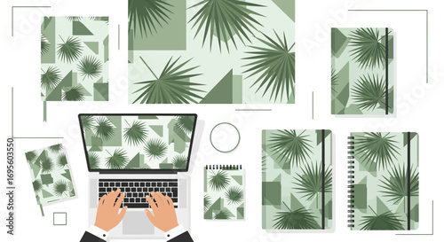 Workplace concept with laptop and office supplies featuring a serene green foliage design