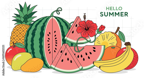 Vibrant summer fruit collection vector design with watermelon pineapple banana and floral elements