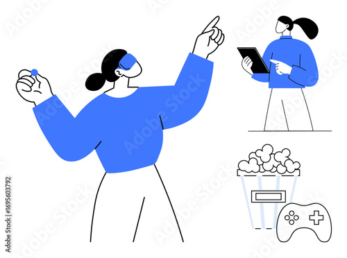 Woman wearing VR headset gestures interactively, another reviews content on a tablet. Popcorn, game controller symbolize entertainment, gaming, or leisure. Ideal for VR, AR, tech entertainment
