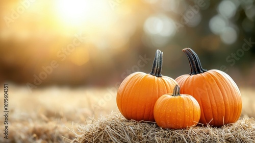 Three vibrant pumpkins sit on hay under soft sunlight, capturing the essence of autumn and harvest season.