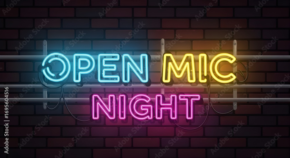 Obraz premium Open Mic Night neon sign on brick wall
