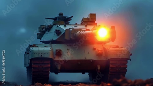 Military tank firing in a dramatic landscape with smoke and atmospheric effects at dusk