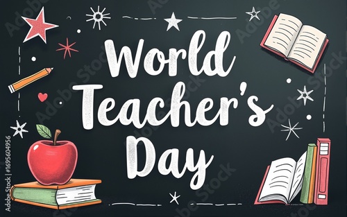 Chalkboard design celebrating World Teacher’s Day with books, apple, and school-related drawings. Education appreciation, teacher gratitude, classroom celebration, educational events. High quality