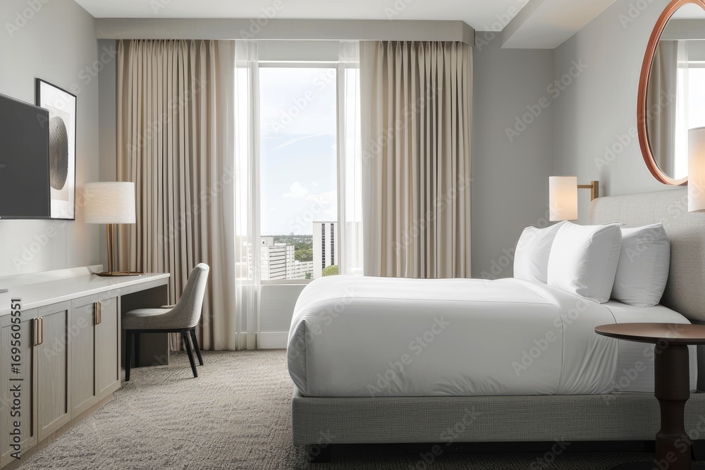 Fototapeta premium Modern hotel room with a king-sized bed, desk, and city view, featuring neutral decor and natural light