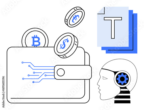 Wallet receiving cryptocurrency coins with Bitcoin and Dollar signs, AI head with gear, and text files. Ideal for fintech, AI, blockchain, data sharing, automation, digital money simple landing page