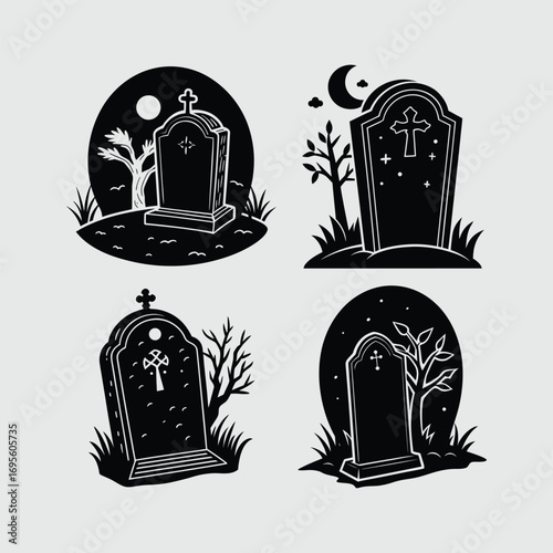 Spooky gravestone silhouette set bundle featuring creepy tombstones and RIP designs, perfect for Halloween t-shirts, posters, party décor, and seasonal crafts.