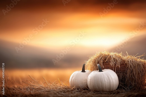 A serene autumn scene featuring two white pumpkins beside a haystack, set against a warm, glowing sunset backdrop.