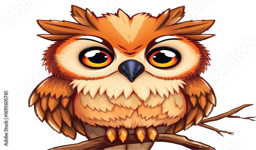 A cute cartoon owl with big eyes and brown feathers perches on a branch in this fun vector illustration