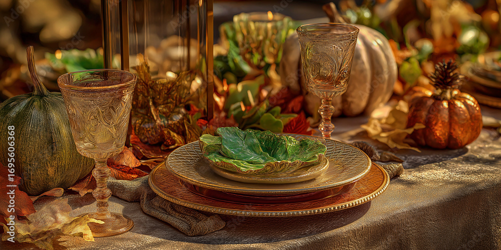 Fototapeta premium Festive Thanksgiving dinner table setting with rustic decorations, pumpkins, and autumn leaves in warm, ambient candlelight
