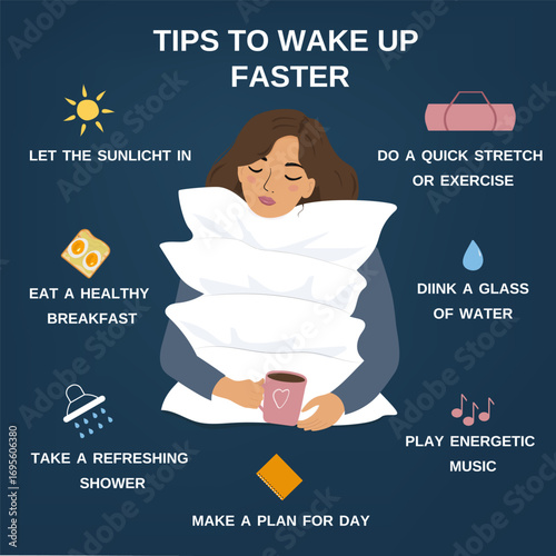 wake up early. health care concept. infographic elements. flat cute cartoon design illustration.