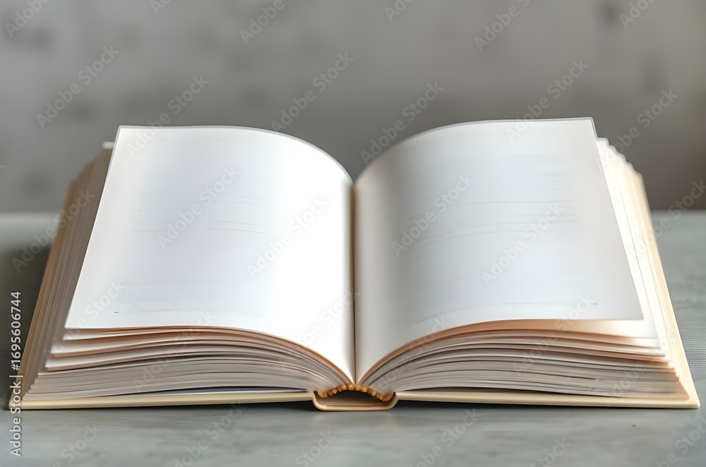 Obraz premium Open book with blank pages rests on a neutral-toned surface.