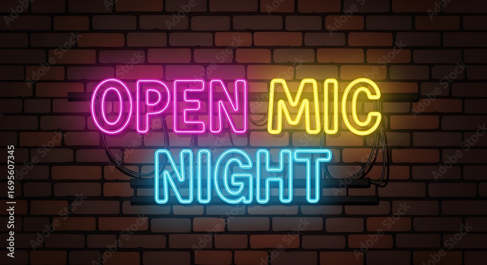 Obraz premium Open Mic Night neon sign on brick wall