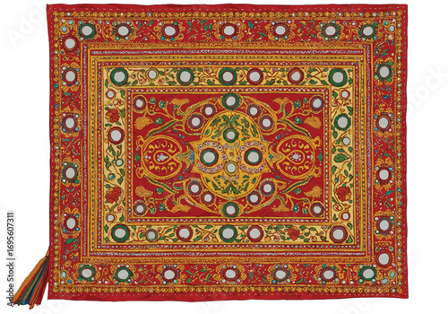 Intricate Rajasthani mirror work fabric, showcasing traditional embroidery with shimmering glass accents, depicted as a realistic 2D vector illustration on a clean white background.