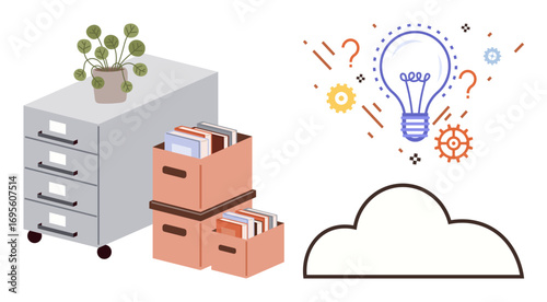 Light bulb with gears and cloud showing cloud storage, next to filing cabinets and boxes. Ideal for data management, digital transformation, innovation, cloud computing, creative thinking