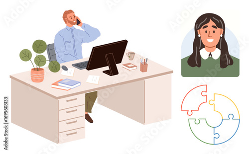 Man talking on phone at desk with computer, books, coffee cup, and potted plant. Includes portrait and multicolor puzzle as teamwork metaphor. Ideal for teamwork, communication, strategy, remote
