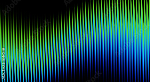 Abstract vertical lines with a gradient of green and blue light on a black background