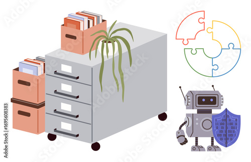 File cabinet with documents and plant, robot with shield for security, colorful puzzle. Ideal for organization, automation, data protection, problem-solving, teamwork innovation systems. Simple