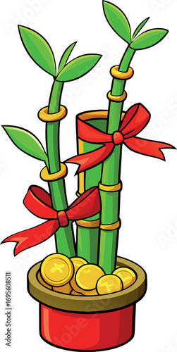 Lucky Bamboo Plant in Pot with Gold Coins and Red Ribbon