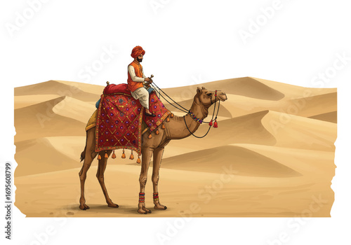 A traditional Rajasthani man in vibrant attire rides a majestic camel across a vast, arid desert landscape, depicted as a realistic 2D vector illustration on a clean white background.
